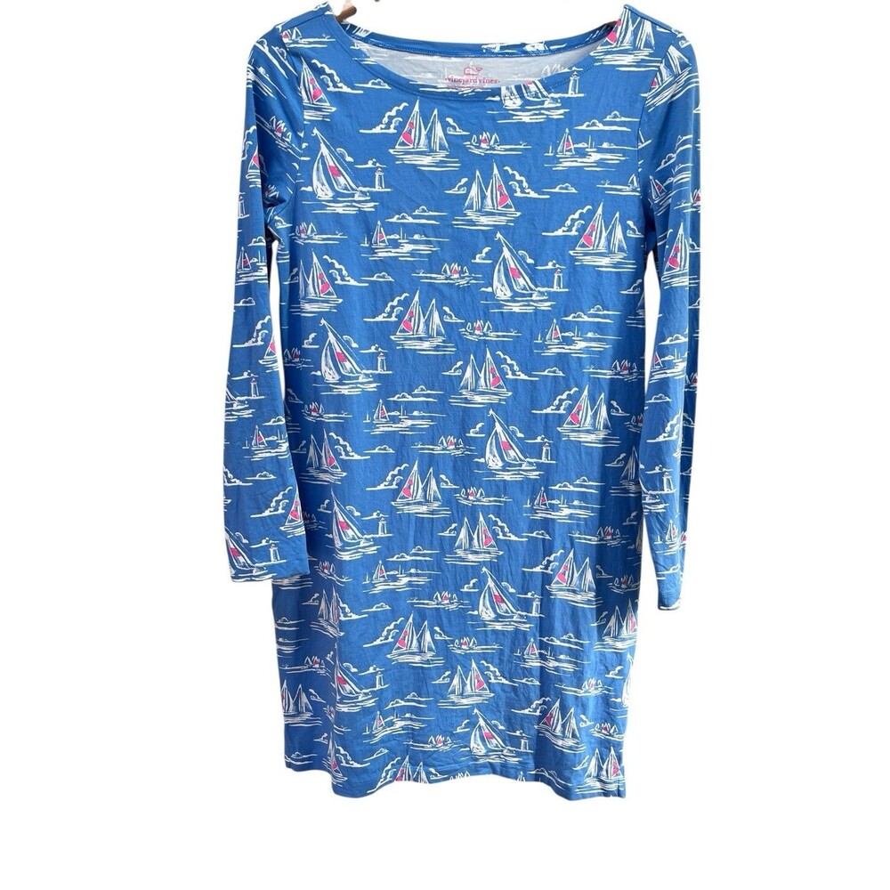 Vineyard Vines Knit Dress Sz M Sailing Scene Print Cornflower Boat Neck Cotton